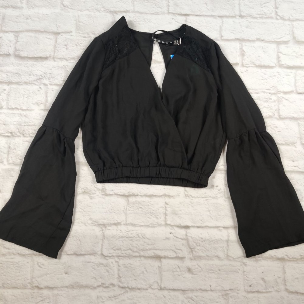Misguided womens wrap front bell sleeve keyhole back crop top shirt black sz 0